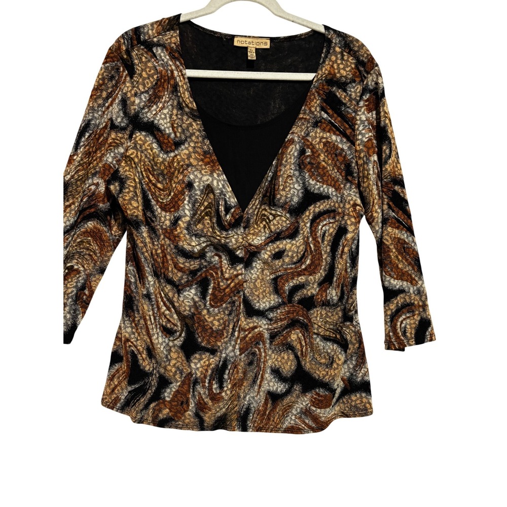 Notations Womens XL Black Brown Abstract babydoll Neck 3/4 Sleeve Top y2k career